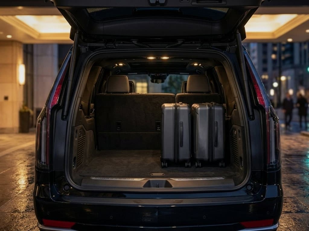 Two matching hard-shell suitcases upright in the open cargo bay of a black luxury SUV at a lit hotel entrance.