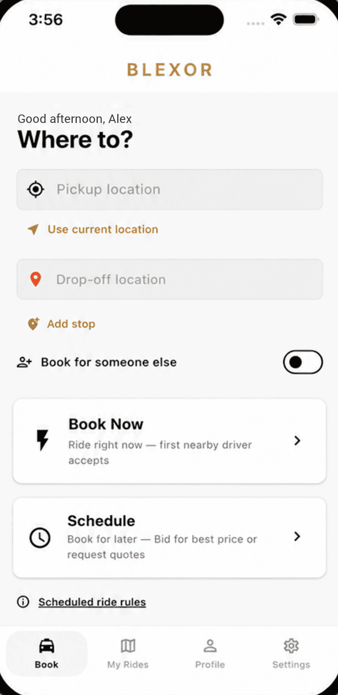 The Blexor rider app's booking screen, offering Book Now or Schedule.